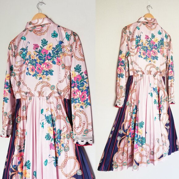 Dalia MacPhee Pink Lace Long Sleeve Printed Pleated Midi Dress M Vintage Luxe - Picture 11 of 16